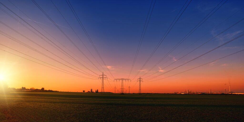sunset, electricity market regulations, countryside, nature, power lines, power poles, high-voltage pylons, electricity pylons